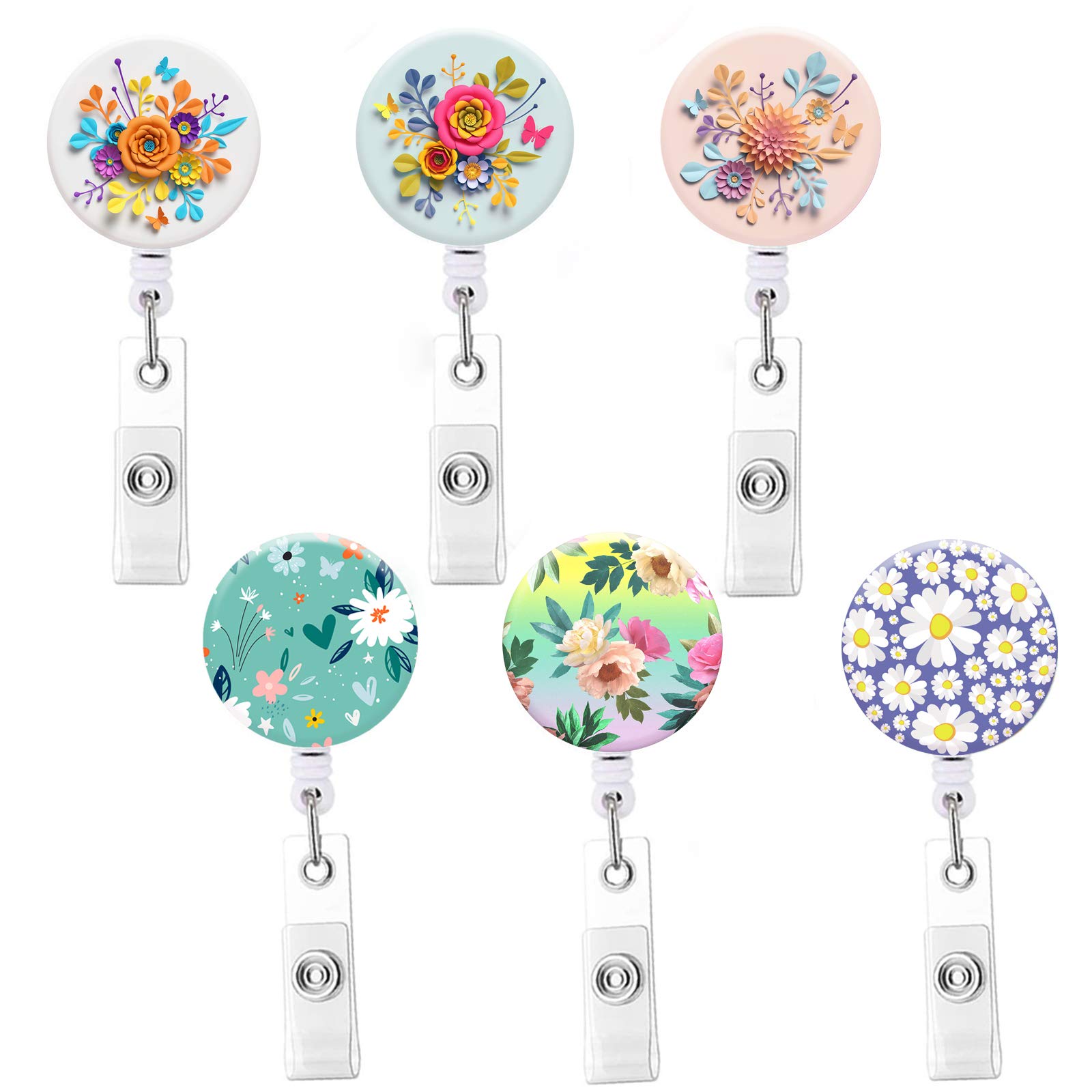 Retractable ID Badge Holder ID Badge Reels with Clip Retractable Badge Holder for Office Worker Doctor Nurse (6 Pack Colorful Flower B)