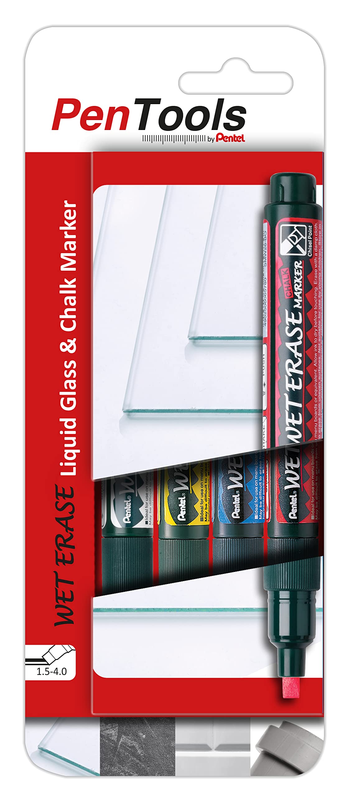 PenTools by Pentel SMW26 glass markers, for temporary markings, wet wiping of smooth surfaces, wedge-shaped tip (1.5-4.0 mm line), 4 pieces - assorted colors