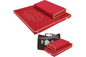 LMIYATT Portable Zabuton Meditation Cushion Set with Beautiful Bag, Large Rectangular Zen Pad and Foldable Square Floor Pillows for Adults, Yoga Mats, Washable Cover (23.6x23.6x1.9in, red with lotus)