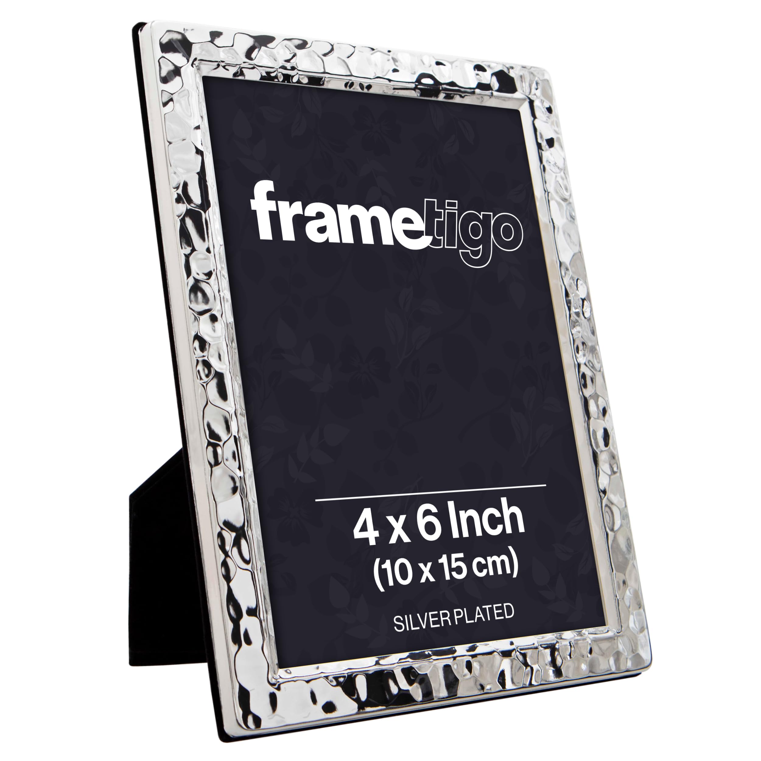 Frametigo - Silver Plated Narrow Hammered Photo Frame, 4"x6" (10x15cm) Photo Size - Velvet Frame Backing & Stand - Real Glass Window - Tarnish Resistant - Landscape or Portrait Orientation