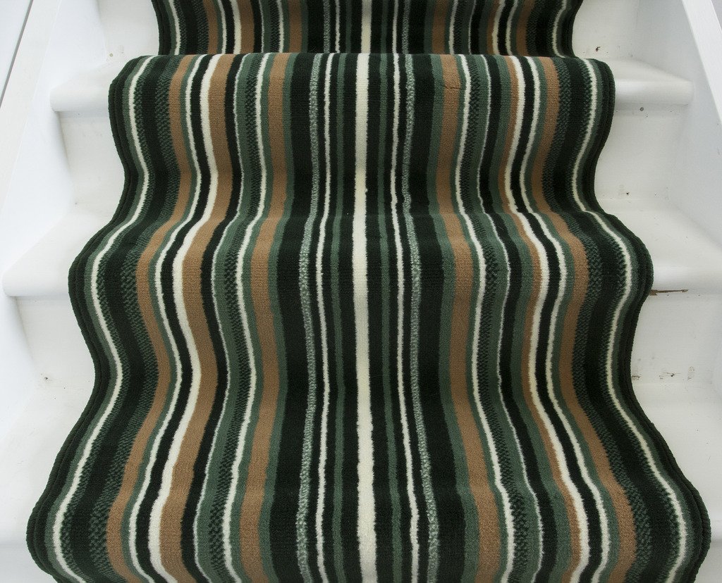 Lima 459 Dark Green Beige Stripe Stair Carpet Runner Rug SOLD BY THE