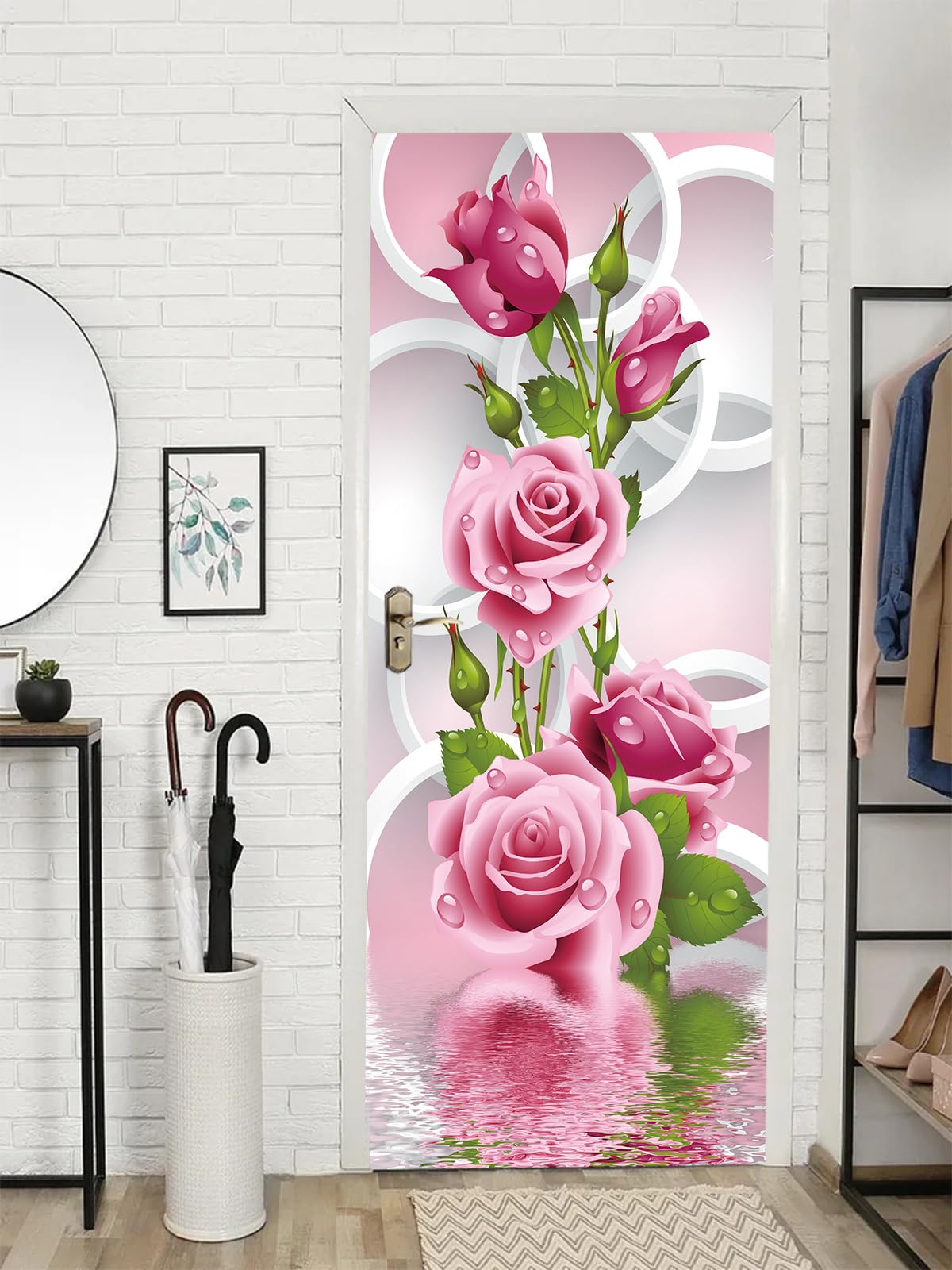 FLFK 3D Door Sticker Peel and Stick 77x200cm- Self-Adhesive Door Murals Wallpaper Poster Decals Circle Rose Flower for Home Decor(2Pcs/Set)