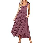 R.Vivimos Summer Dress for Women Sleeveless Boho Ruffle Square Neck Tie Back Casual Backless Flowy Midi Dress