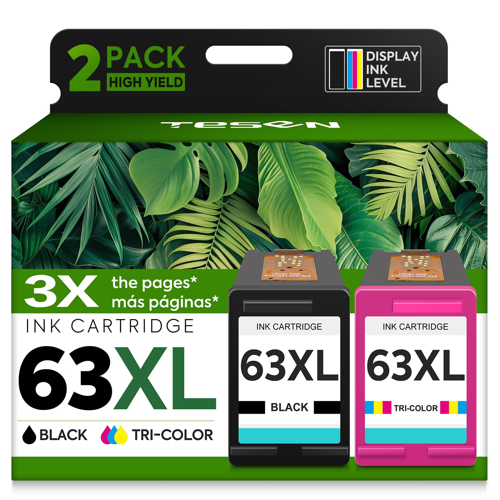 Photo 1 of 63XL Ink Cartridge Replacement for HP Ink 63 HP63 HP63XL Compatible for HP Officejet 4650 5258 5200 3830 5255 4655 4652 5252 Deskjet 3630 3634 1112 Envy 4510 4520 Printer 2-Pack Black Tri-Color