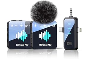 MENERESAS Wireless Lavalier Microphone for iPhone: Mini Microphone Noise Reduction - 328ft Transmission & 20H Battery Life for Video Recording, 3-in-1 Universal Camera & Android - Liquid Black, Clip