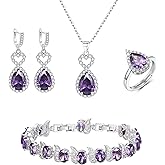 EleQueen Women Jewelry Set Brass Heart Necklace Earrings Bracelet Open Rings for Bride Bridesmaid, Cubic Zirconia for Memorial Anniversary Mother's Day