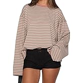 ABYOVRT Women Striped Long Sleeve Shirt Crewneck Cropped Pullover Top Fall Winter Vintage Sweatshirt Streetwear