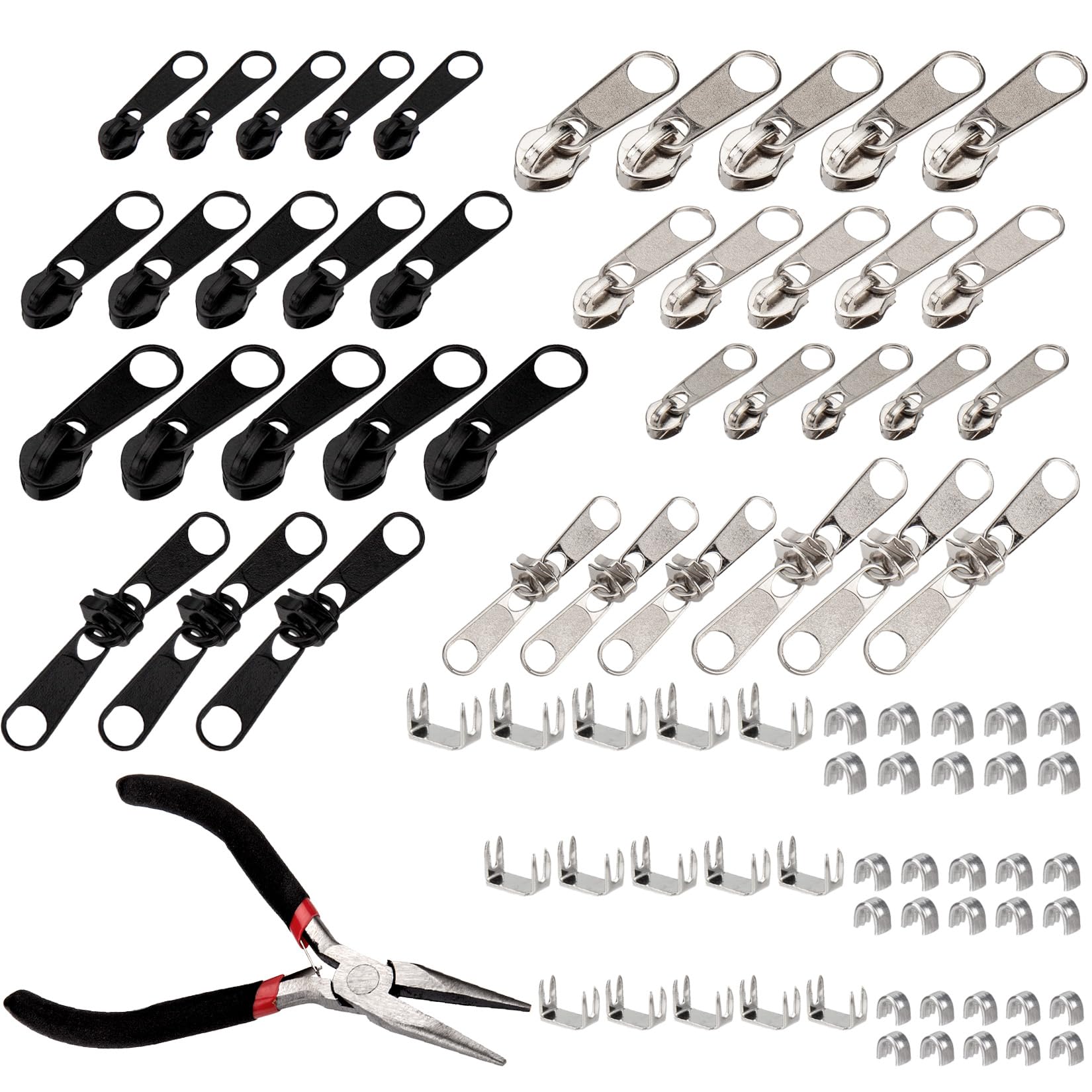 Ewwtrey 85 Pcs Zip Repair Kit, Zipper Pull Replacement Parts, Zipper Repair Kit, Fix Zips Puller Pulls, Metal Zippers Head Sliders Replacement Stoppers, with Pliers
