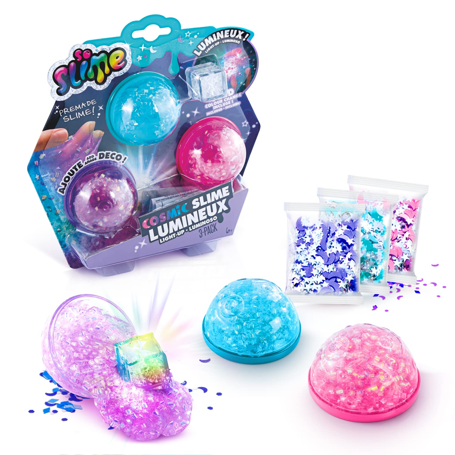Light Up Cosmic Slime 3 Pack, 3 Bags of Slime, Decorations and Colour-change LED Light Included | Gift for kids aged 6+