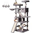 MQ Cat Tree Cat Tower 70.1 in, Multi Level Cat Scratching Post with Condos, Ladders, Basket, Hammock & Plush Perches for Kittens, Large Cats, Light Gray