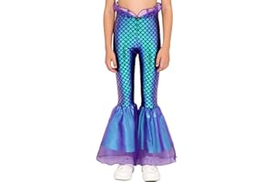 Mufeng Girls Mermaid Cosplay Pants Kids Fish Scale Print Bell Bottoms Trousers Ruffle Flared Pants
