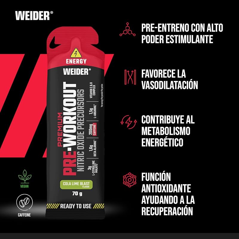 Premium Pre-Workout Gel (12 x 70g) Sabor Cola-Lima, Precursore de Óxido Nítrico, Con L-Citrulina, L-Arginina, Beta Alanina, Cafeína y Vitaminas, Energía Inmediata, Monodosis Ready-to-use