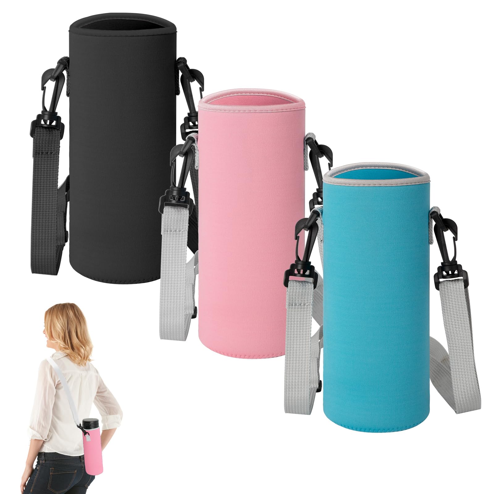 Heveer Water Bottle Holder - 3 Pack Neoprene Insulated Bottle Carrier - 500 ml - Pink + Blue + Black - Hiking, Fitness, Cycling, Camping, Picnic