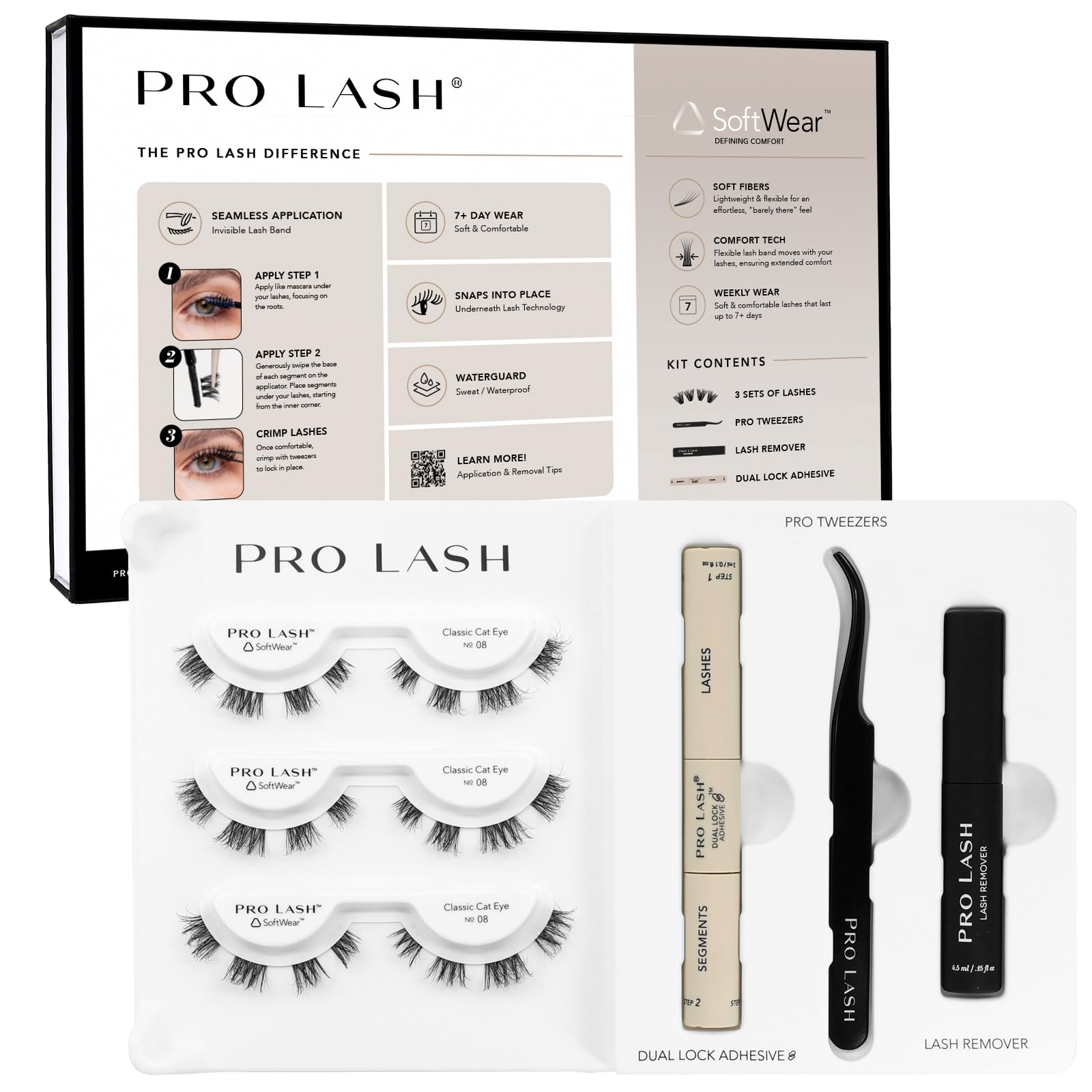 Photo 1 of Pro Lash SoftWear Starter Lash Clusters Kit - Seamless, Lightweight Lashes - 7-Day Eyelash Extensions - 3 Sets of False Eyelashes Plus Adhesive, Remover, Tweezers - Classic Cat Eye No. 08 Black
