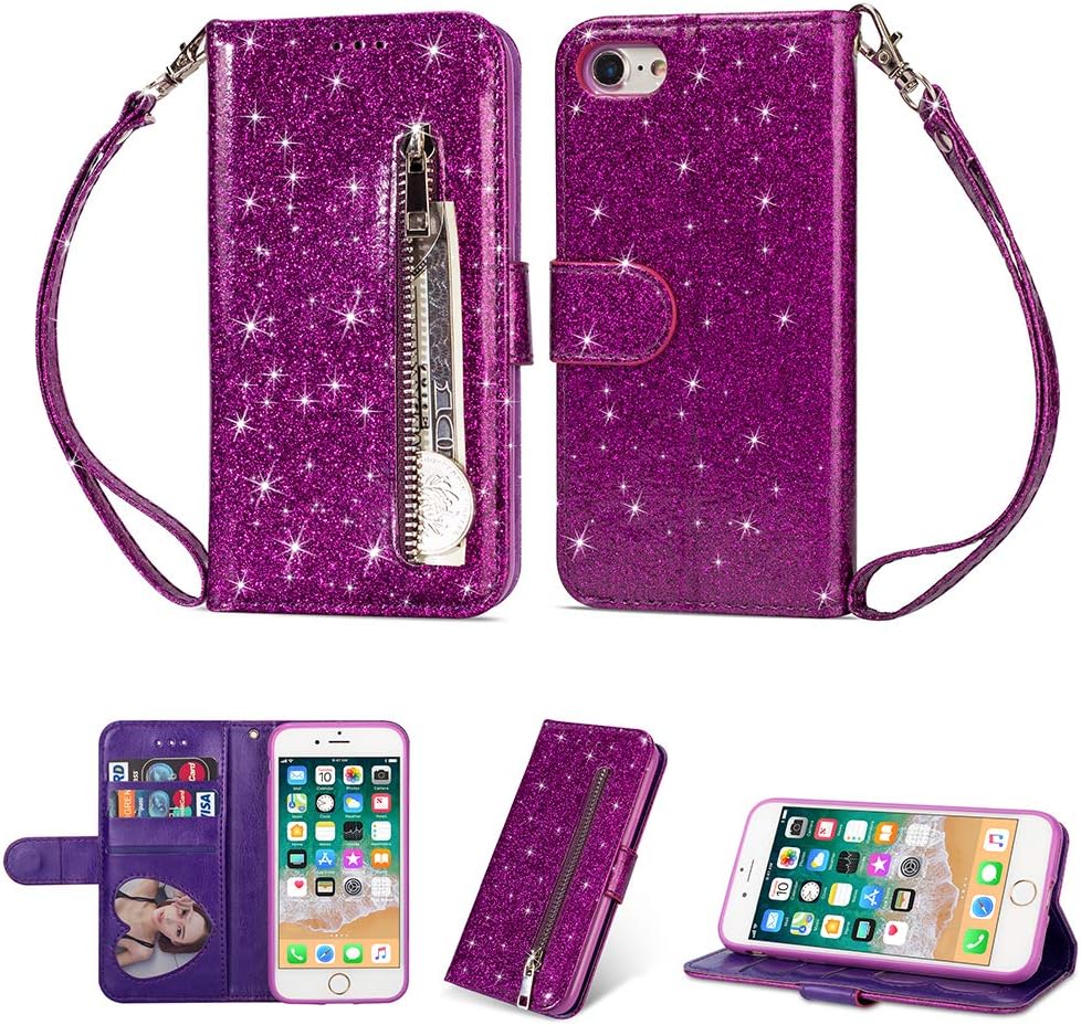 KANTAS iPhone 6S Plus/6 Plus Glitter Zipper Wallet Case, Bling Sparkle PU Leather Book Cover with Card Slots Kickstand Function Magnetic Closure Flip Case for iPhone 6S Plus/6 Plus (5.5"), Purple