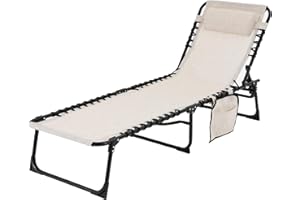Yardenaler Foldable Chaise Lounge Chair with Detachable Pillow & Pocket, Outdoor Portable Tanning Chair with 4 Position Adjustable Back, Patio, Beach and Pool, Cream White