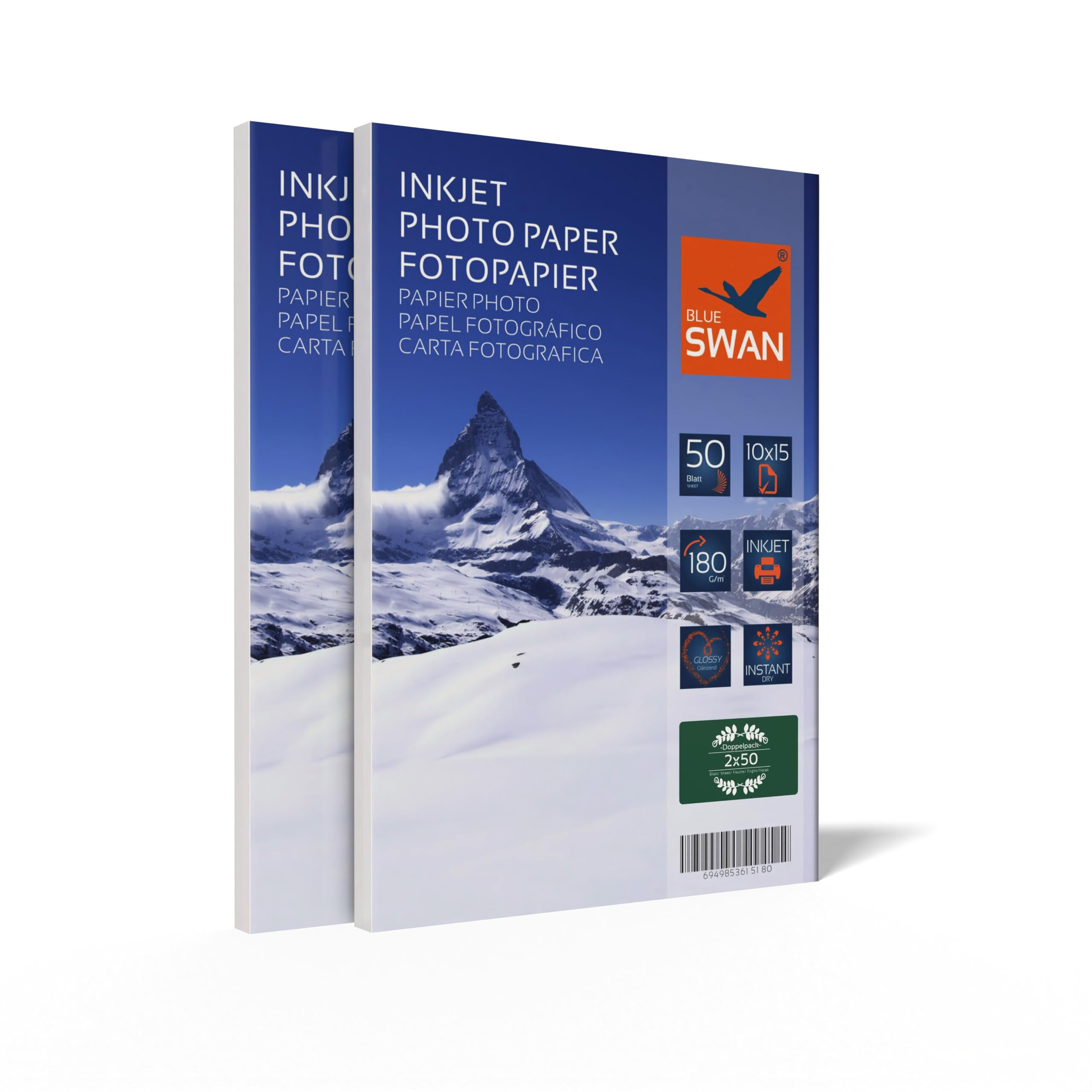 BLUE SWAN Glossy Photo Paper 10×15 cm, 180gsm, 100 Sheets (2×50), Single-Sided, Quick-Dry, Water & Scratch Resistant, High Colour Brilliance for Photos, Albums & Inkjet Printing