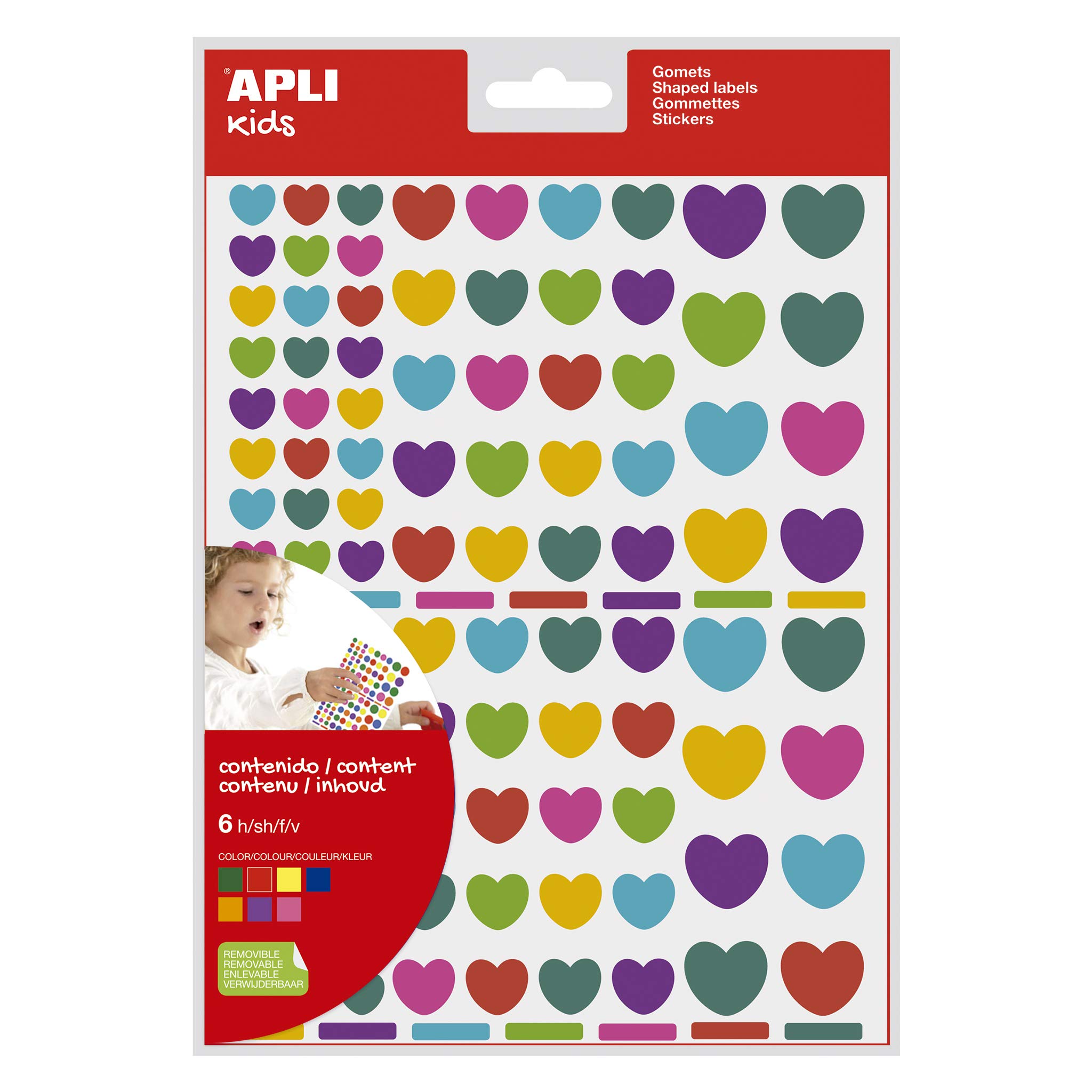 APLI Kids 18767 - Bag of 624 Hearts Gummies in Assorted Sizes, Removable, Multicoloured, 6 Sheets