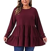 Agnes Orinda Plus Size Babydoll Tops for Women Long Sleeve Crew Neck Casual Loose Peplum Tops Blouses Tunics