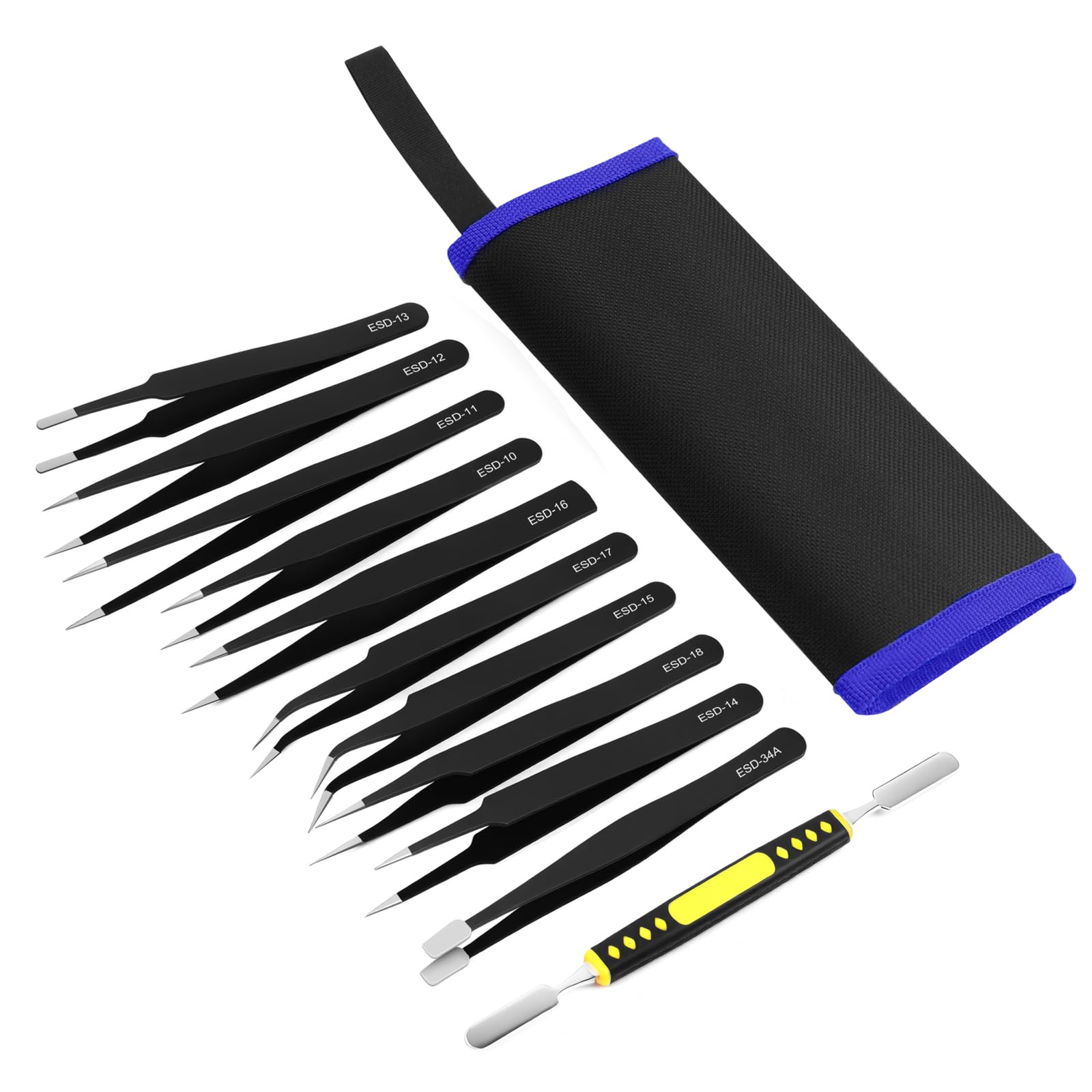 Ainiv Precision Tweezers Set, 11PCS Anti-Static ESD Tweezers Set, Non-Magnetic Stainless Steel Curved Tweezers Set for Modeling, Electronic, Handicraft, Laboratory, Jewelry, Beauty Eyebrow Eyelash