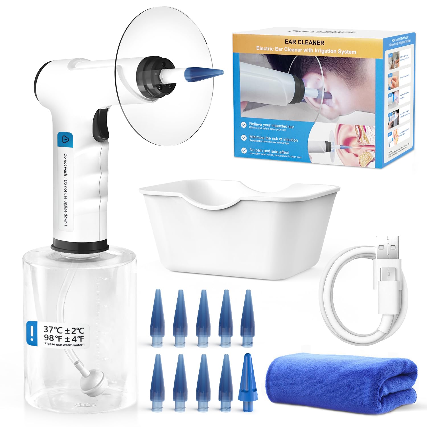 Ear Wax Removal Kit, Rechargeable Electric Earwax Remove Removal Ear Irrigation System, and Features Disposable Tips & Ear Catch Basin(10 Disposable Tips) (Black)