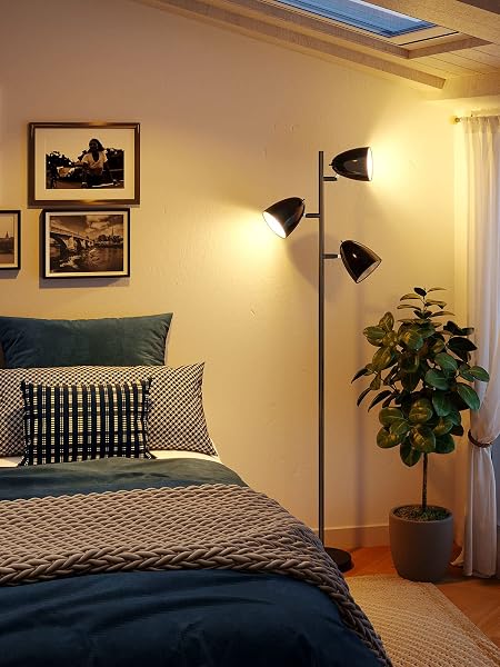 ADDLON TREE FLOOR LAMP WITH 3 ADJUSTABLE ROTATING LIGHTS AND MATCHING LED BULBS, STANDING TALL POLE LAMPS FOR LIVING ROOM, BEDROOM, HOME, OFFICE – BLACK