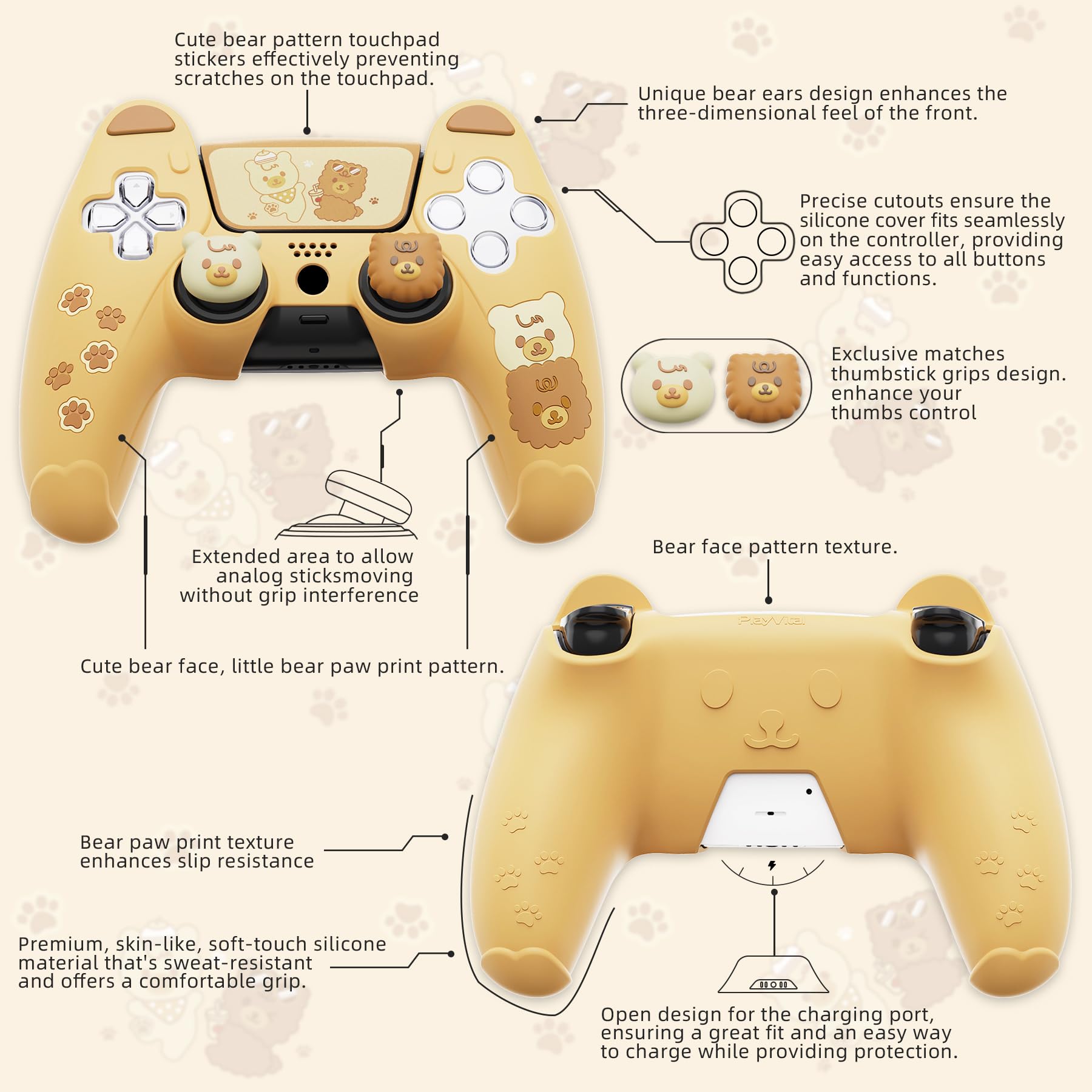 PlayVital Cute Bear Controller Silicone Case for ps5, Kawaii Controller Cover Compatible with Charging Station, Gamepad Skin Protector for ps5 with Touch Pad Sticker & Thumb Grips - Yellow & Brown