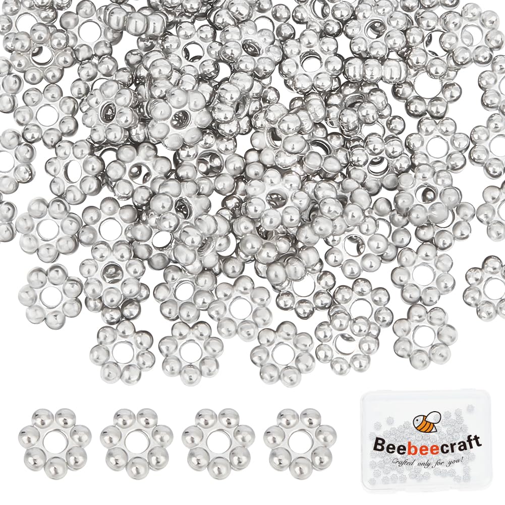 Beebeecraft 1 Box 100Pcs Flower Spacer Beads Stainless Steel Tibetan Style Round Floral Granulated Loose Beads with Large Hole for DIY Craft Bracelet Necklace Jewellery Making Supplies Hole 1mm