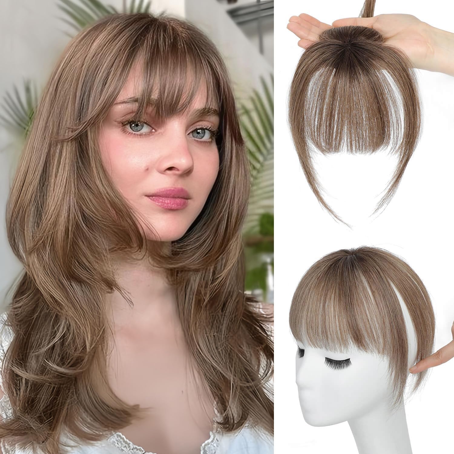 Flyroseing 360° Fringe Human Hair Fringe Clip, Ombre Brown Hairpiece for Women, Clip in Bangs for Daily Wear