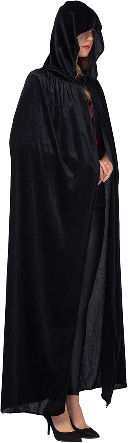 Spooktacular Creations Long Hooded Cloak Velvet Cloak Halloween Women Witch Cape Costume Accessory Black: Clothing