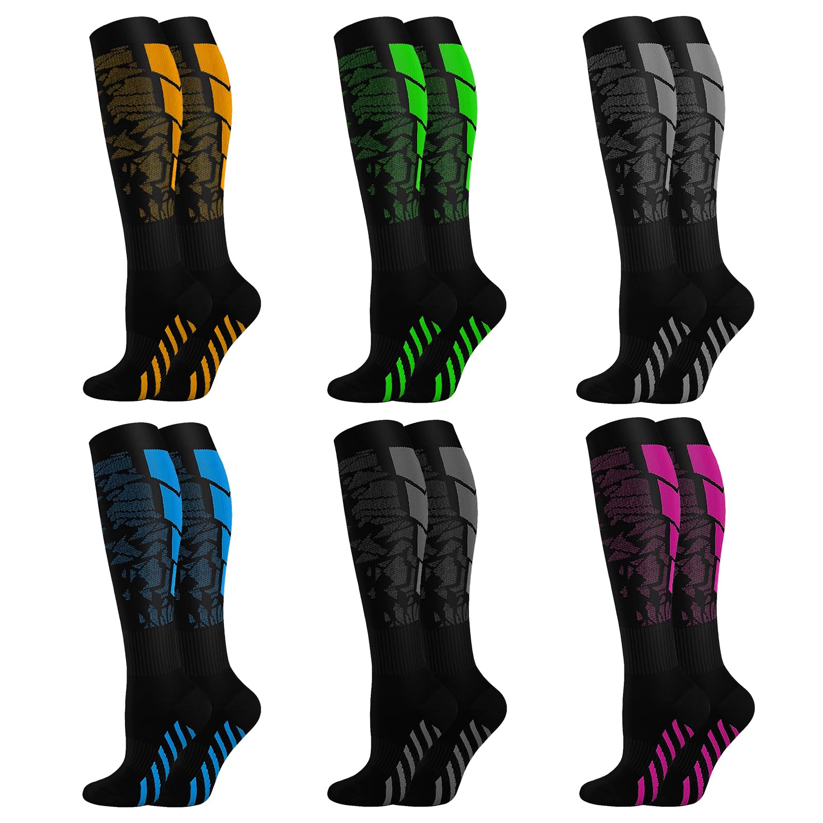 Colexy 6-Pack Compression Socks for Women & Men, Elastic Support Stockings, Graduated Support, Non-Slip Breathable Flight Socks, Ideal for Running, Sports, Travel (Colorful, L/XL)