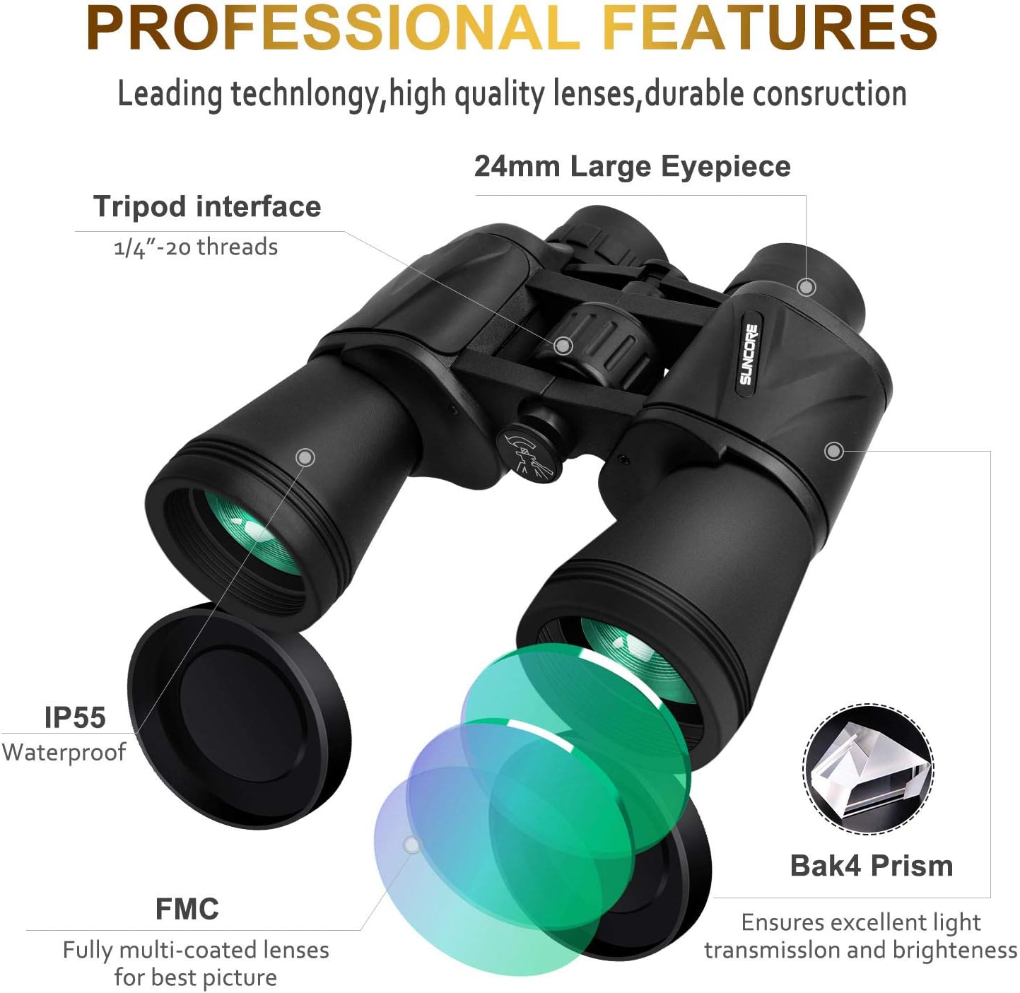 20 x 50 Binoculars for Adults, HD Professional Roof Prism Binoculars for Bird Watching Travel Stargazing Hunting Concerts Sports-BAK4 Prism FMC Lens-with Smartphone Adapter Strap Carrying Case : Camera & Photo