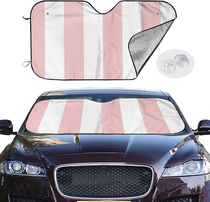 XTing White and Pale Pink Rose Striped Windshield Sun Shade Blocks Uv Rays Sunshade
