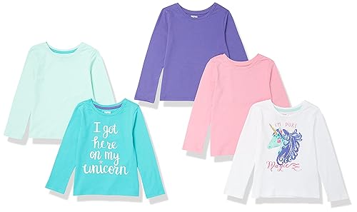 Amazon Essentials Toddler Girls' Long-Sleeve T-Shirts (Previously Spotted Zebra), Pack of 5, Blue/Green/Pink/Purple/White Unicorn, 2T