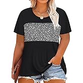 CARCOS Plus Size Tops for Women Short Sleeve Summer Pullover Color Block Crewneck/V Neck Tee Tunic Loose Fit Tshirts XL-5XL