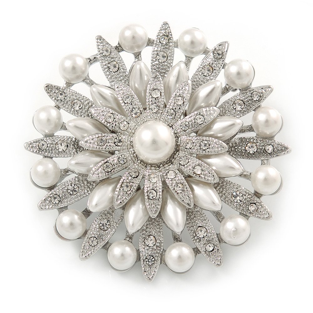 Bridal Vintage Inspired White Simulated Pearl, Austrian Crystal Layered Floral Brooch In Silver Tone - 50mm D