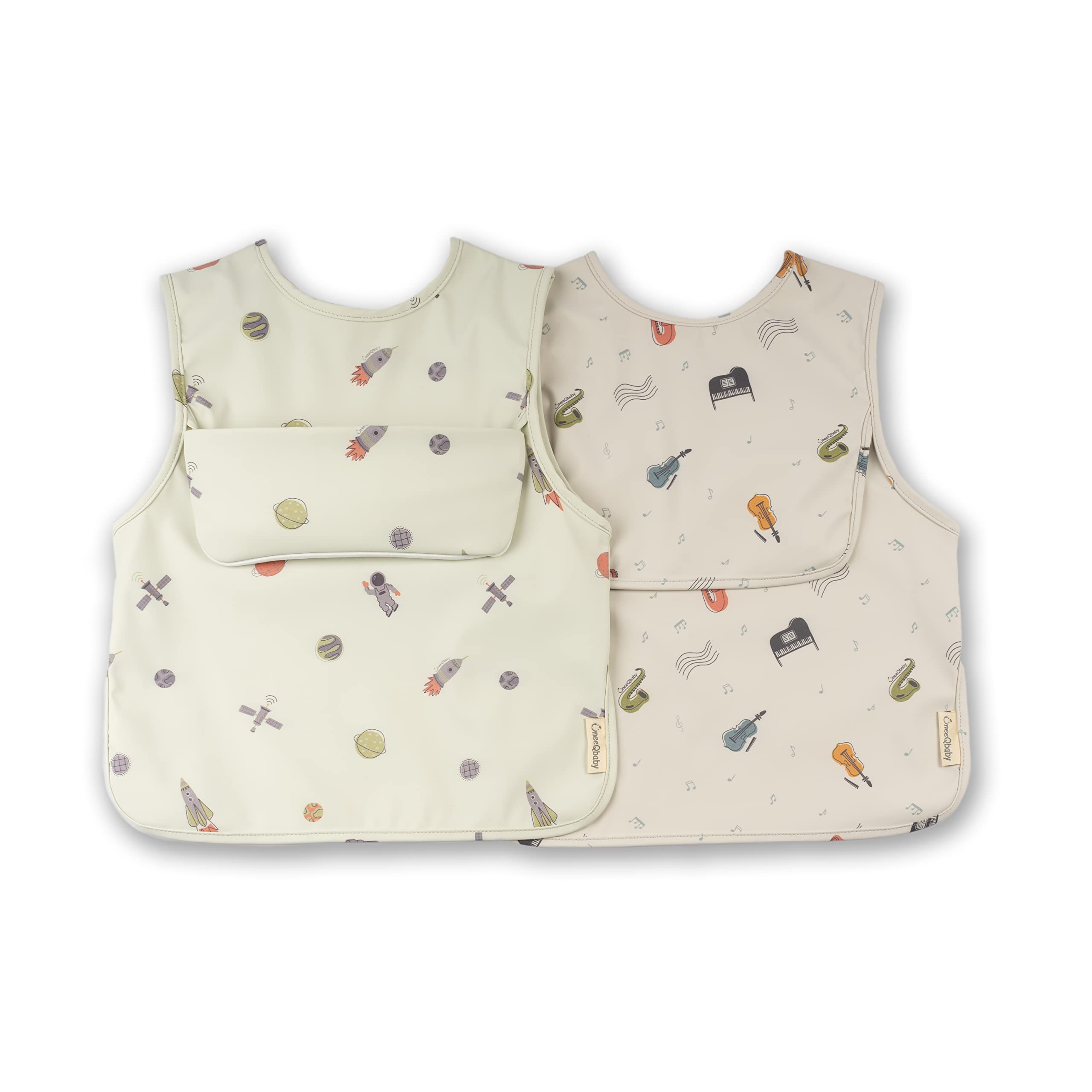 ÜneeQbaby Waterproof Baby and Toddler Bibs - Pack of 2, Short Sleeve Oeko-TEX for Feeding and Messy Play with Chest Pocket, Coverall MocK