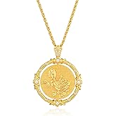 MTMY Birth Flower Necklaces for Women 14K Gold Plated Birth Flower with Birthstone Chunky Reversible Rotatable Disc Pendant Necklaces Jewelry