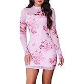 ABMOIU Sexy Print Long Sleeve Mini Dress for Women Bodycon Mock Neck 2 Piece Party Club Dresses