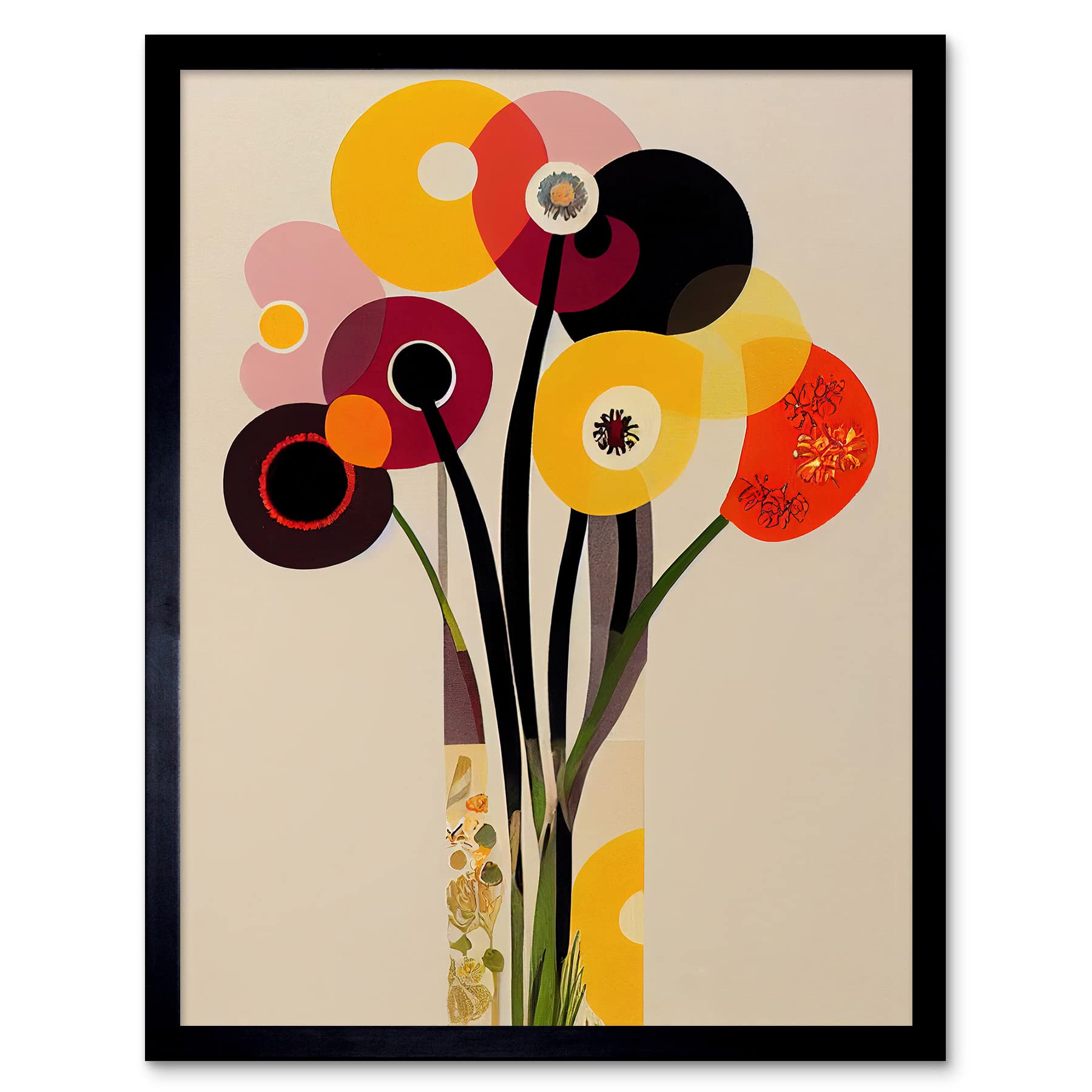 Wee Blue Coo Abstract Retro Spring Summer Flowers Floral Yellow Burgundy Orange Bouquet Vase Art Print Framed Poster Wall Decor 12x16 inch