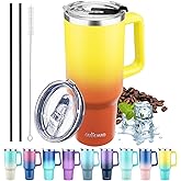 GUDEMAO 40 oz Tumbler with Handle, Insulated Tumbler with Lid and Straw, Reusable Stainless Steel Vacuum Insulated Cup, 100% Leak Proof Thermal Travel Coffee Mug Cup for Cold and Hot (Gold Orange)