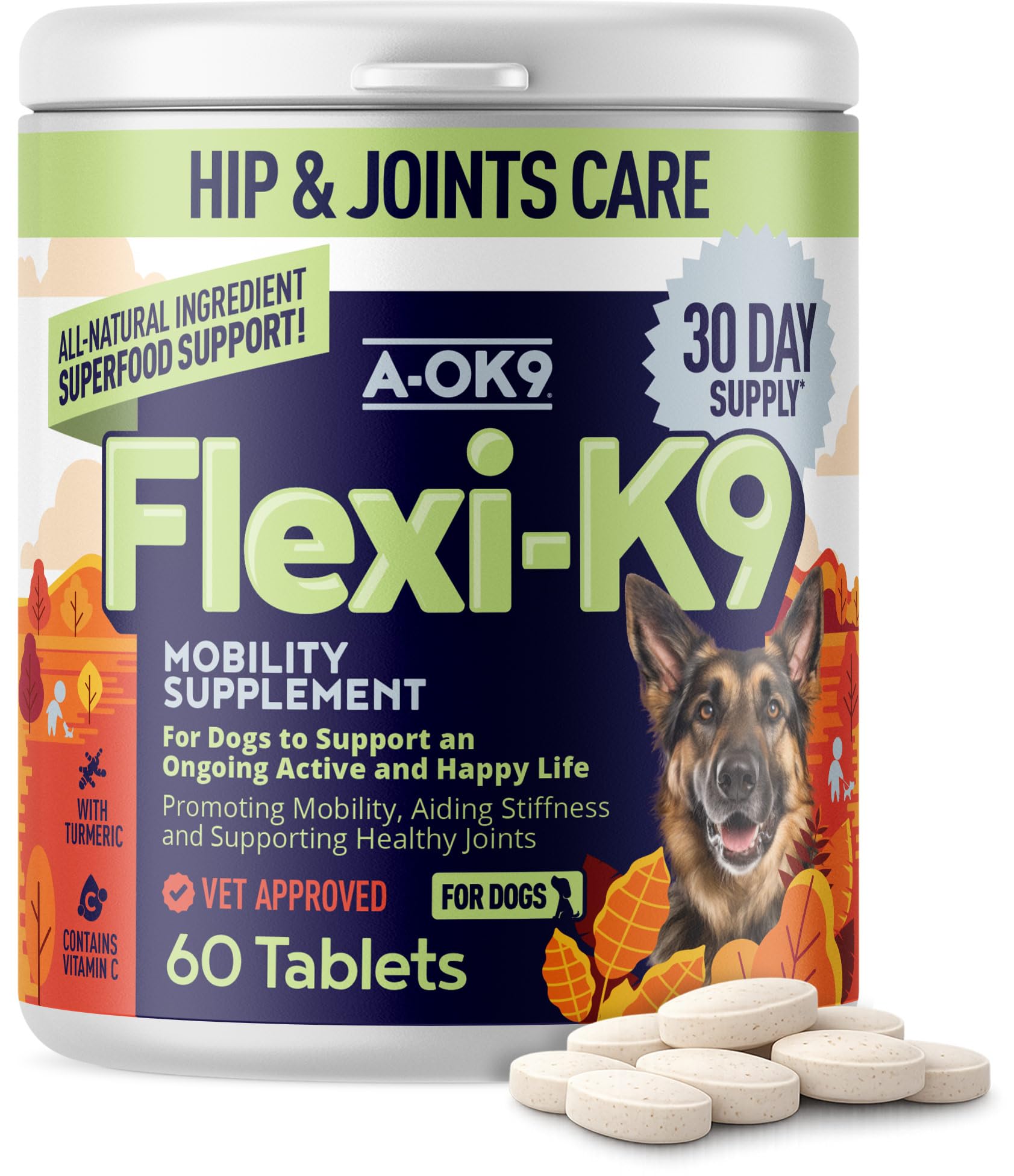 A-OK9 Flexi-K9 Hip and Joint Supplements for Dogs - 60 Tablets - Aids Stiff Joints - Supports Mobility Issues - With Glucosamine & Turmeric - For All Ages & Breeds
