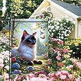 Tomhong Cat Garden Flag 12x18 Inch Double Sided for Outside Ragdoll Cat with Blue Eyes Birds and Colorful Flowers Yard Banner for Outdoor Lawn Patio Porch Spring Summer Decor