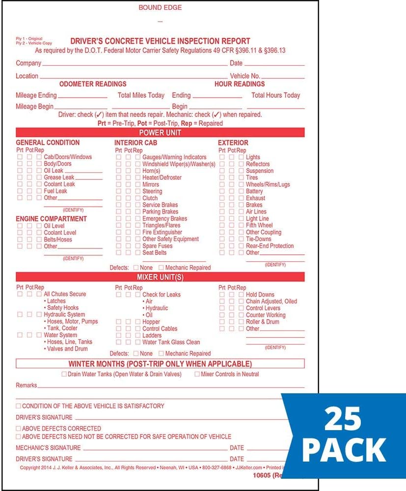 Office Products Qty 25 Units 31 Sets Of Forms Per Unit English 5 5 X 8 5 Carbonless 2 Ply Stock Book Format J Keller Associates J Drivers Concrete Vehicle Inspection Report Forms Recordkeeping Money Handling
