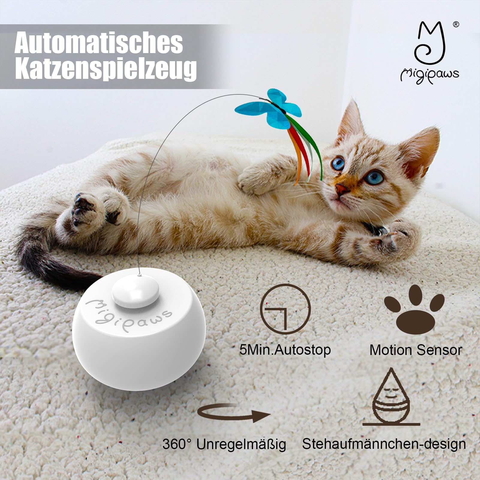 Migipaws Katzenspielzeug,elektrische interaktive Schmetterlingspielzeug und Federspielzeug,intelligente 360-Grad-Drehbewegung der Kugel, Stehaufmännchen-Design,Teaser Spaß für Kätzchen 4