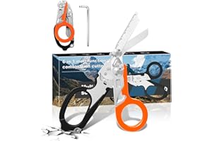 PATWING 6 In 1 Emergency Shears, Stainless Steel Foldable Trauma Shears with Strap Cutter and Glass Breaker, Outdoor Camping Scissors Tools (Black+Orange)