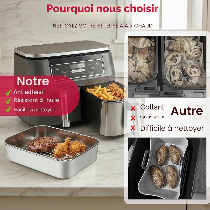 Accessoires air fryer, Compatible avec les modèles Ninja 7,6L/9,5L/10,4L/ AF400EU/AF451EU/AF500EU/DZ400EU,plat à four en acier inoxydable 304, passe au lave-vaisselle