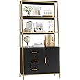 HITHOS 69" Tall Bookshelf, Modern 4-Tier Bookcase with Wooden Drawers and Ladder Shelves, Free Standing Storage Cabinet Kitchen Bakers Rack with Microwave Oven Stand for Home Office, Black Gold