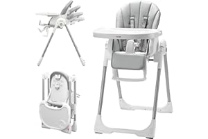 KUB KÜB 3-in-1 Foldable Baby High Chair | Multifunctional Infant High Chairs for Babies and Toddlers | Removable Seat & Tray Easy Clean | 7 Height & 4 Recline Adjustable | 2 Locking Wheels (Grey)