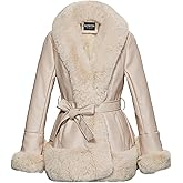 AOWITH Winter Warm Faux Fur Leather Collar Jacket for Women Long Sleeve Coat With Pockets and Belt